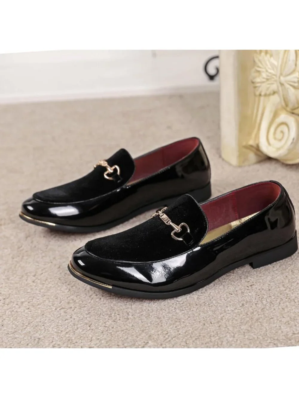 Men's Luxury Velvet & Patent Leather Loafers with Gold Buckle - Dress Shoes 7-13